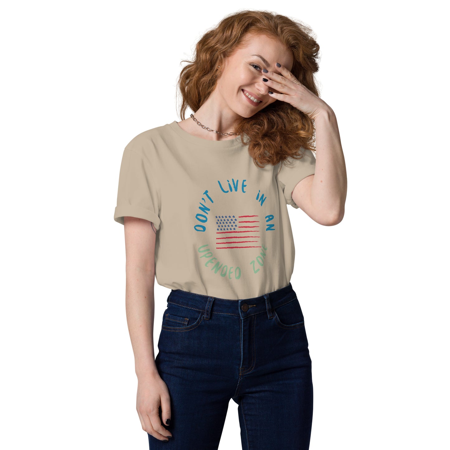 UPENDED UNISEX ORGANIC COTTON T-SHIRT DON'T LIVE IN AN UPENDED ZONE